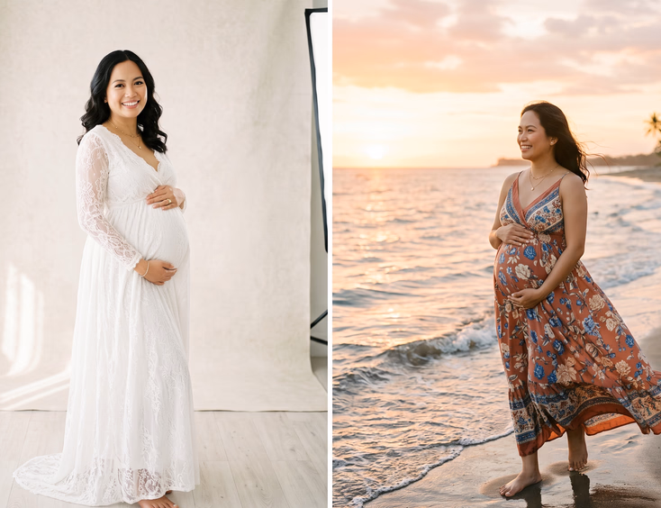 Dual image showing a pregnant Filipino woman posing in a bright photography studio and on a beautiful tropical beach at golden hour.