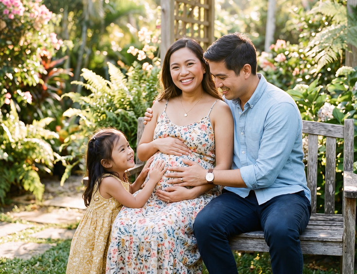 A happy Filipino family with a young child stands together in a sunlit garden, smiling while touching the mother's pregnant bump.