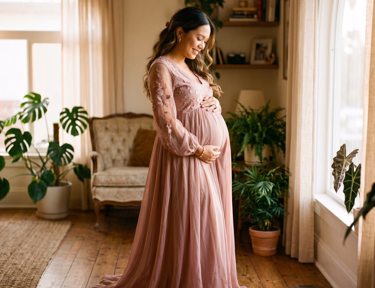 A pregnant Filipino woman in a flowing gown poses in a three-quarter standing profile while cradling her baby bump in soft warm light.