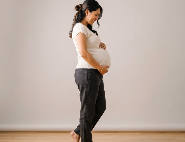 A pregnant Filipino woman stands in profile with weight on her back foot, framing her belly with her hands in polished studio lighting.