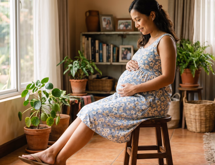 A pregnant Filipino woman sits on a stool turned to the side, ankles crossed, resting both hands on her baby bump in calm, soft lighting.
