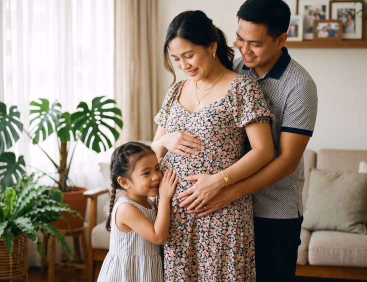 A pregnant Filipino woman stands with her partner holding her bump as a young child tenderly presses an ear to her belly in a warm mood.