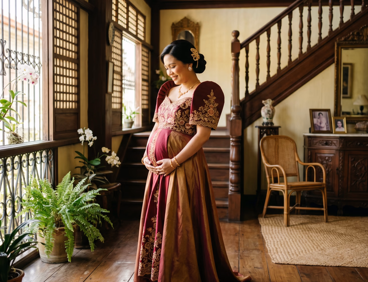 A pregnant Filipino woman in an elegant modern terno gown cradling her bump while posing gracefully within a heritage house setting.
