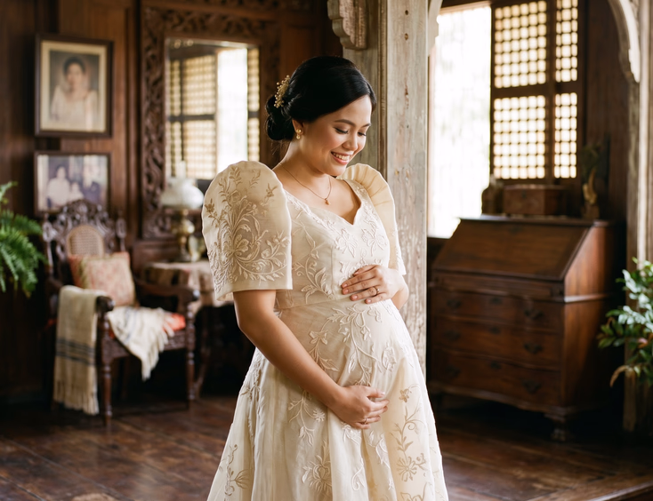 A pregnant Filipino woman wears a traditional Filipiniana terno with piña fabric and butterfly sleeves, her hands resting on her bump.