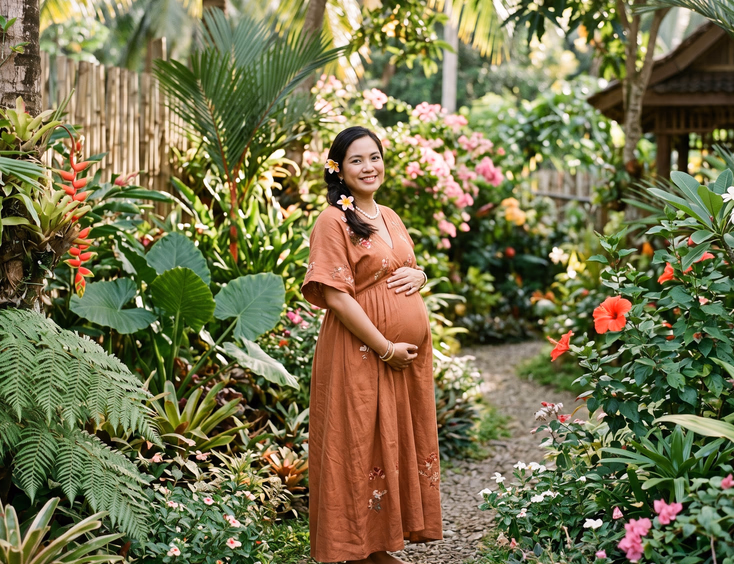 A pregnant Filipino woman in a flowing earth-toned dress stands amidst the lush green trees and vibrant flowers of a Philippine garden.