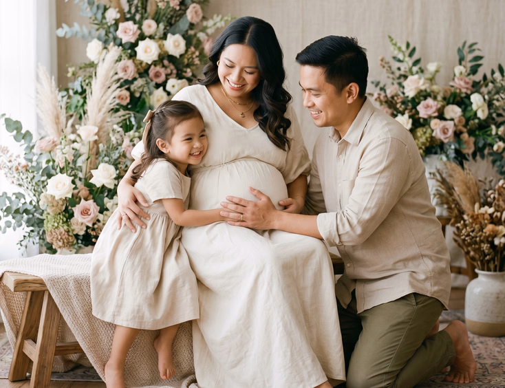 A pregnant Filipino woman, her partner, and their young child wear coordinated neutral outfits in a soft, intimate floral studio setting.