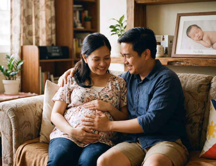 A pregnant Filipino woman cradles her baby bump beside her partner in a softly lit home with a framed photo hinting at the next chapter.