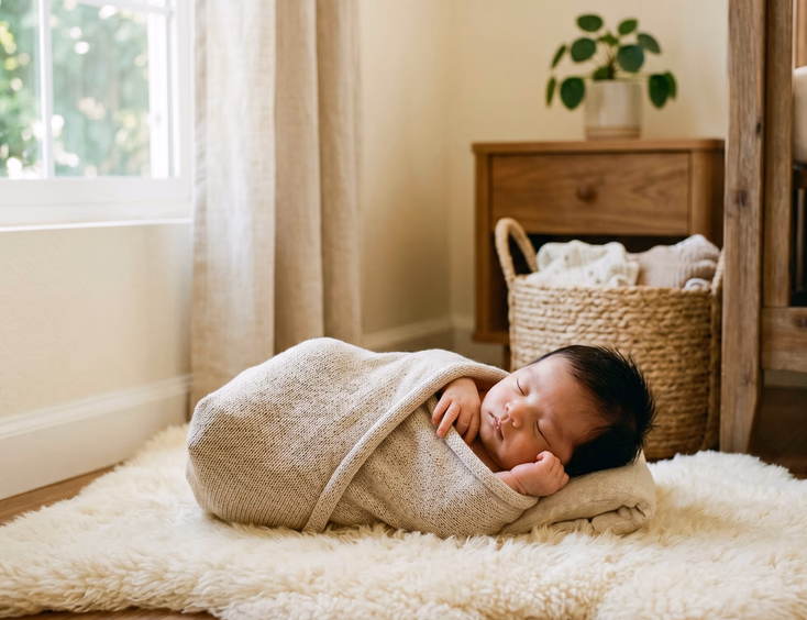 A peaceful Filipino newborn baby around one week old sleeps soundly, curled up in a soft neutral wrap in a sunlit bedroom corner.
