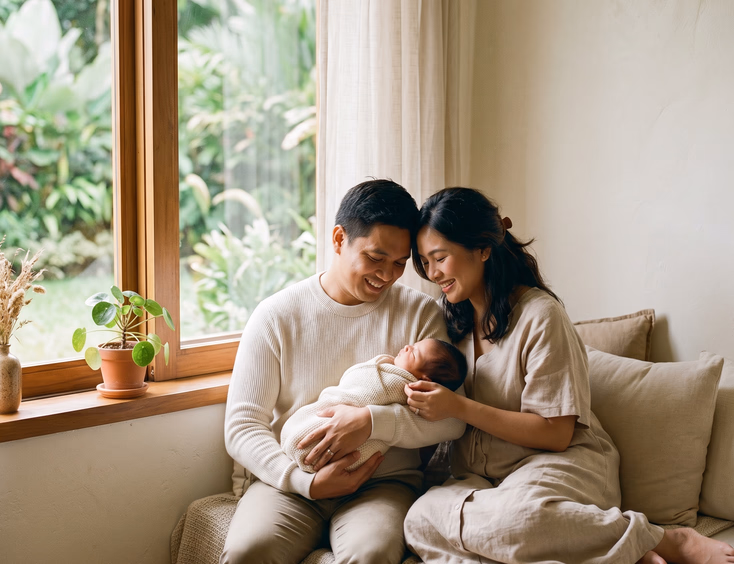 A happy Filipino mother and father hold their newborn baby together in the same sunlit window corner wearing soft neutral tones.