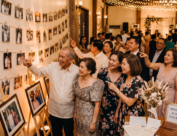 Filipino family browsing a photo memory lane display at a warmly lit vow renewal reception.
