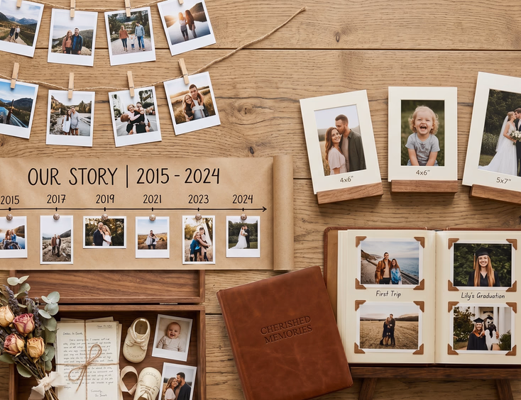 Flat-lay of five different creative wedding and anniversary photo display ideas on a rustic wooden surface.