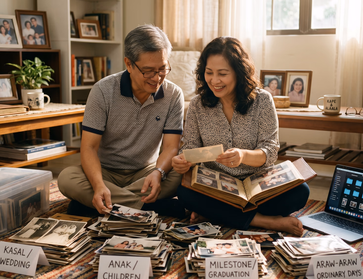 A mature Filipino couple sitting on the floor sorting through vintage printed photos and albums.