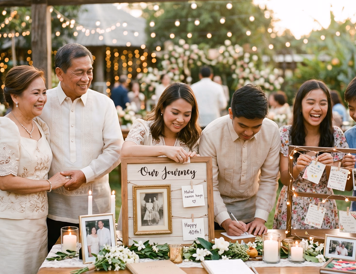 Three generations of a Filipino family assembling a photo memory timeline for a vow renewal celebration.