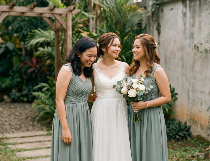 Filipino bride in white gown standing with two bridesmaids in sage green dresses at a minimalist outdoor venue with lush greenery in soft natural light
