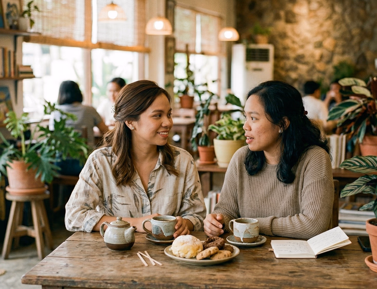 Filipino bride and close friend in sincere conversation over coffee at a wooden cafe table in warm ambient lighting