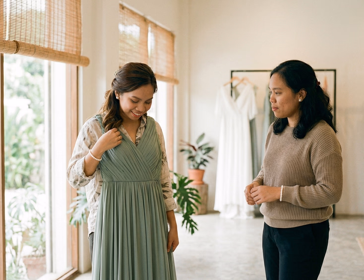 Two Filipino bridesmaids in a bridal boutique, one holding a sage green gown, in bright natural light with a clean editorial style
