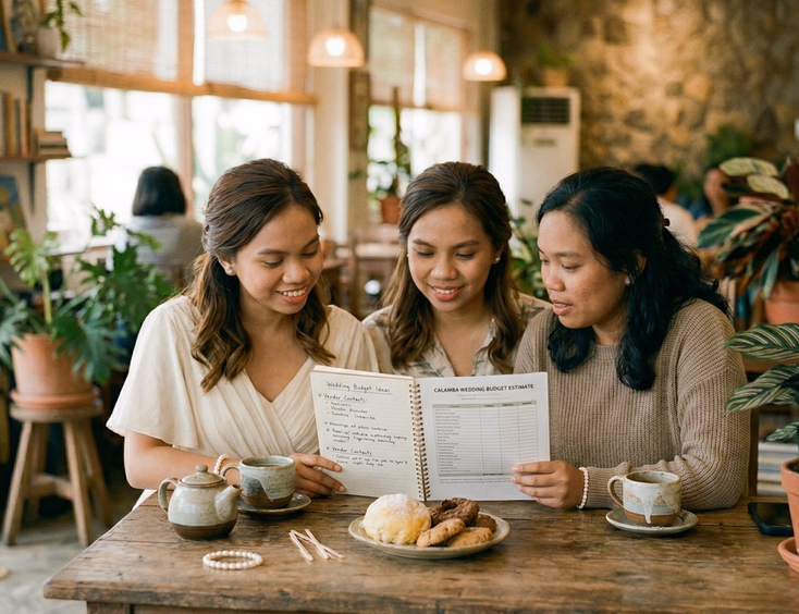 Filipino bride and two bridesmaids reviewing a handwritten notebook and budget sheet at a wooden table in warm natural light