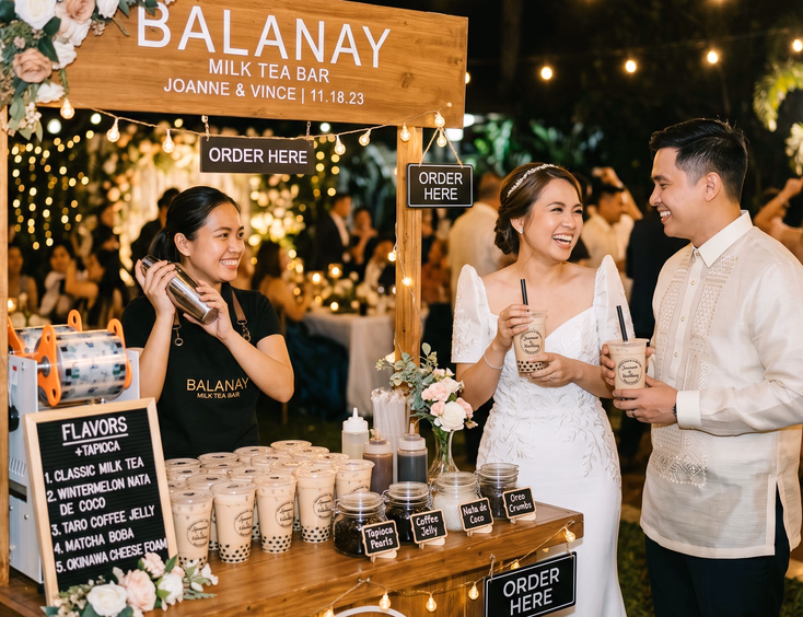 Filipino female attendant in black apron shaking a metal shaker at a styled milk tea cart with sealed cups, tapioca pearls, and glass topping jars as a Filipino bride in Filipiniana gown and groom in cream barong tagalog hold milk tea cups and smile at a Filipino wedding reception at night