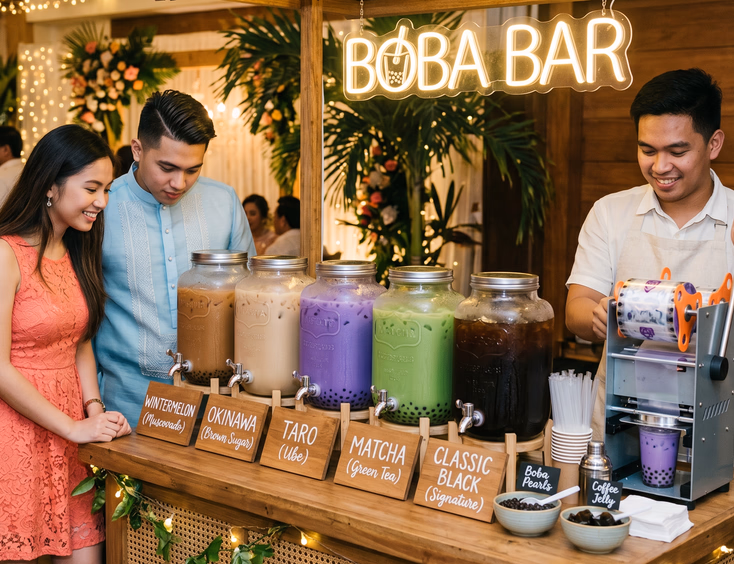 Close-up of five glass milk tea dispensers in brown, beige, purple, green, and dark flavors on a rattan-accented wooden cart with a Filipino male attendant using a cup sealer as two Filipino guests lean in to read flavor cards beside a neon Boba Bar sign at a Filipino wedding reception