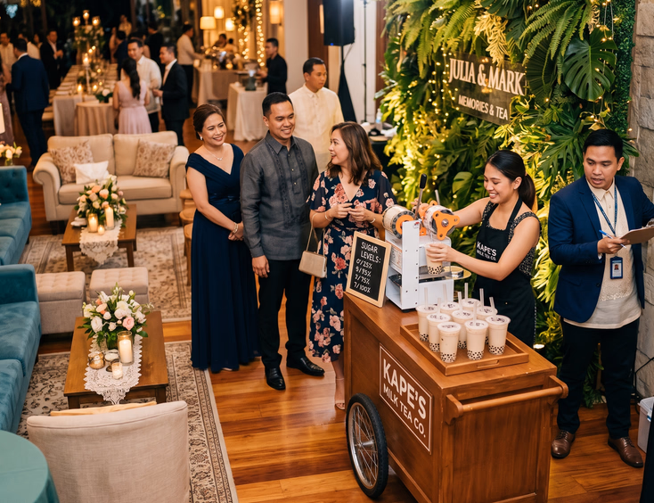 Filipino female attendant sealing a milk tea cup at a cart beside a greenery and fairy light photo booth backdrop as three formally dressed Filipino guests wait in line and a Filipino male wedding coordinator checks a clipboard in a Filipino wedding reception lounge area