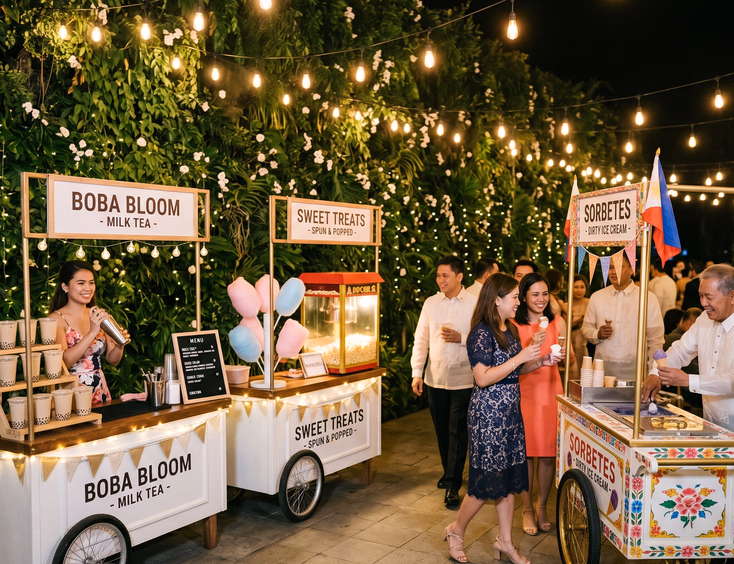 Wide shot of a Filipino wedding reception food market at night with three carts in a gentle curve featuring a milk tea station with sealed cups, a cotton candy and vintage popcorn machine cart, and a colorful sorbetes cart with a Filipino male vendor scooping dirty ice cream as guests in cocktail dresses and barong tagalogs walk between carts under Edison bulb string lights with a white floral greenery wall backdrop
