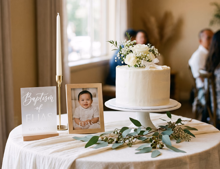 Minimalist Filipino baptism cake table featuring a single-tier white cake, fresh white flowers, a candle, and a framed baby photo.