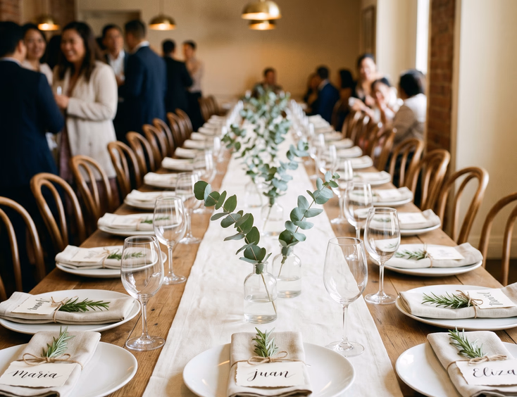 Minimalist Filipino baptism reception guest table styled with a soft linen runner, eucalyptus in bud vases, and clean white plates.