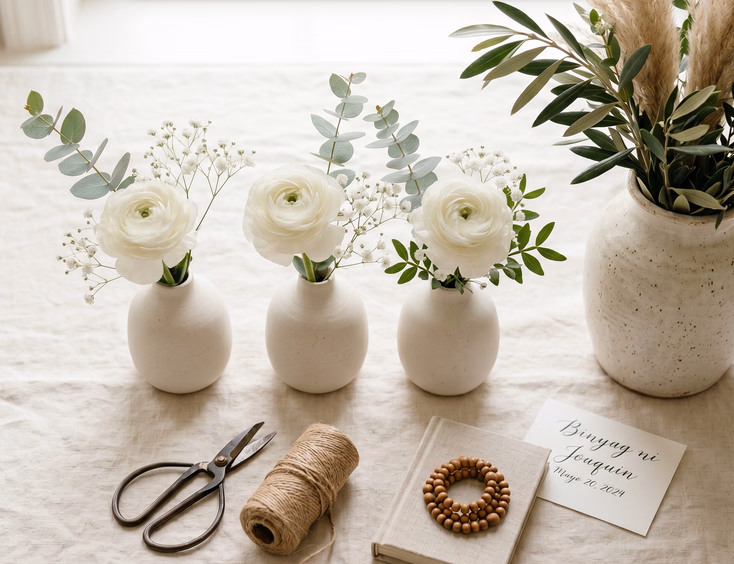 Flat lay of minimalist Filipino baptism floral arrangements featuring white ranunculus, eucalyptus sprigs, and delicate baby's breath.