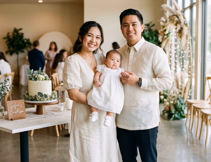 A Filipino family in a barong and cream dress holds their baby in a white christening gown at a minimalist baptism reception venue.