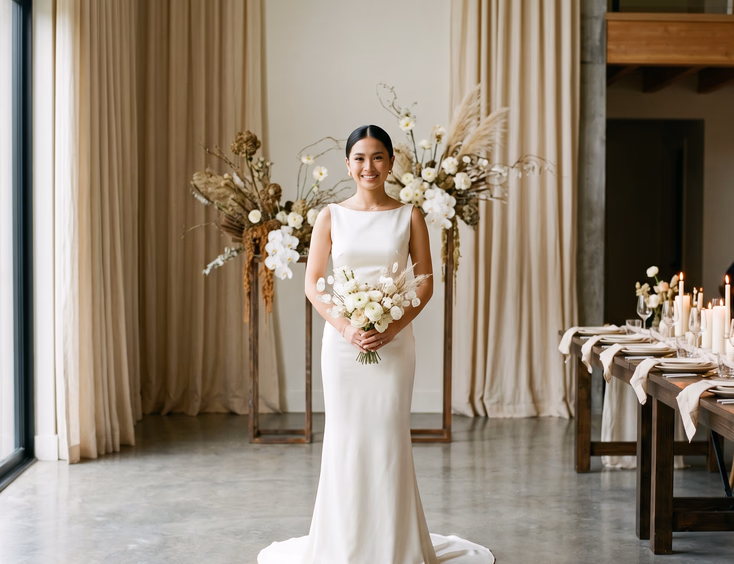 Filipino debutante in a sleek low bun and minimalist ivory silk gown at a refined, naturally lit modern venue with sculptural flowers.