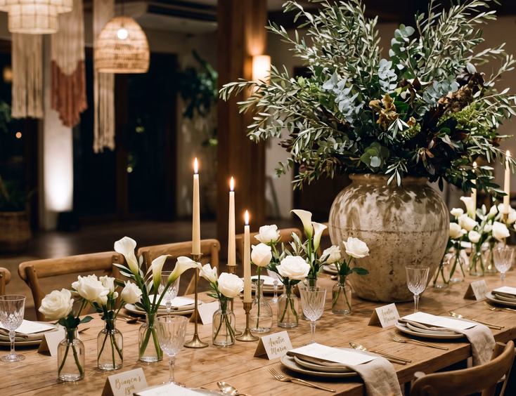 Minimalist wooden dining table set for a Filipino debut with white roses, calla lilies, tapered ivory candles, and sculptural olive branches.
