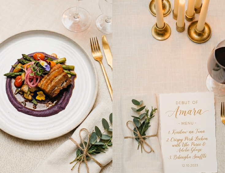 Overhead view of a minimalist plated main course for a Filipino debut, with cream linen, gold flatware, and a twine-tied napkin detail.