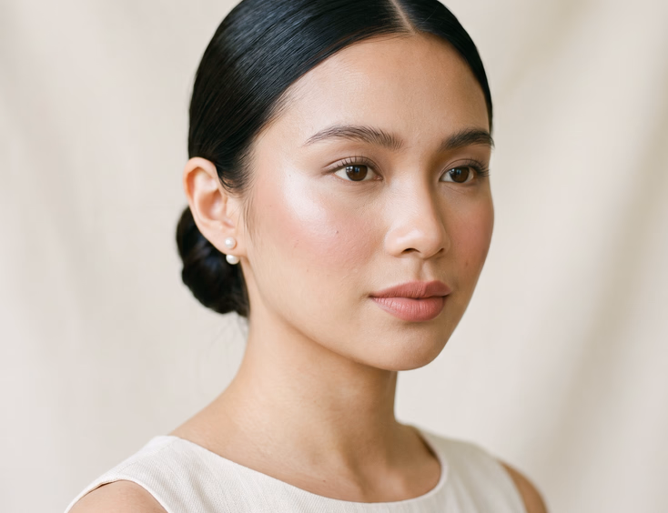 Minimalist beauty portrait of a Filipino debutante with dewy skin, soft taupe eye, natural lash, muted rose lip, and a sleek low bun.