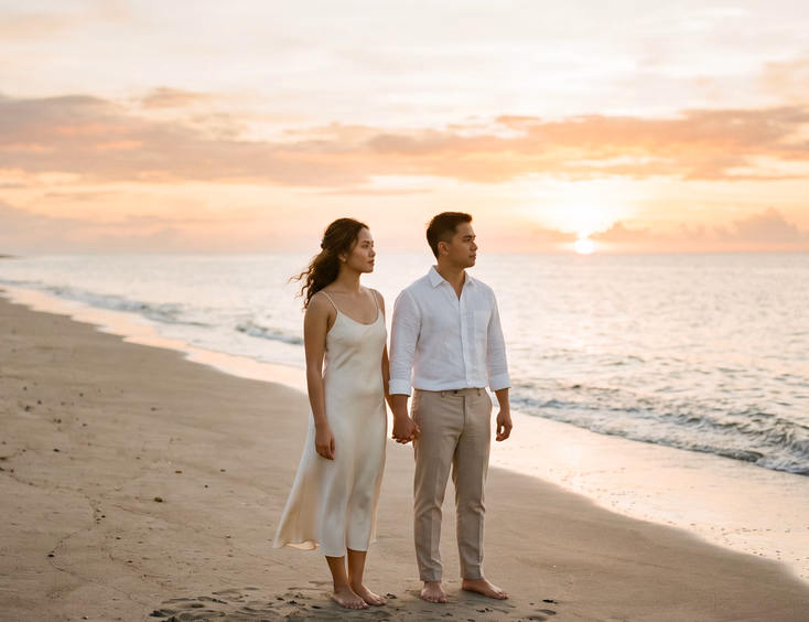 Filipino couple in minimalist outfits standing on an empty beach at sunrise in the Philippines.