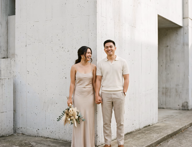 Filipino couple posing against a white concrete brutalist wall in minimalist cream and beige attire.