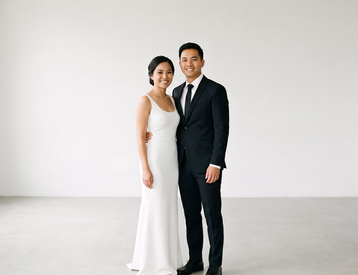 Filipino couple in simple white gown and black suit standing in a minimalist white studio.