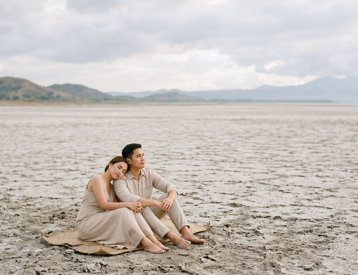 Filipino couple in tonal beige outfits sitting on an open salt flat in the Philippines.