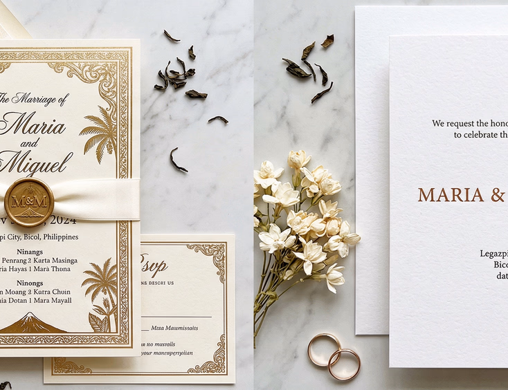A side-by-side flat lay of two Filipino wedding invitation suites on a light marble surface, the left suite in classic cream with gold foil borders, script typography, ribbon, and wax seal, and the right in minimalist white cotton cardstock with clean serif typography and a single copper foil name line, with dried white flowers placed between them.