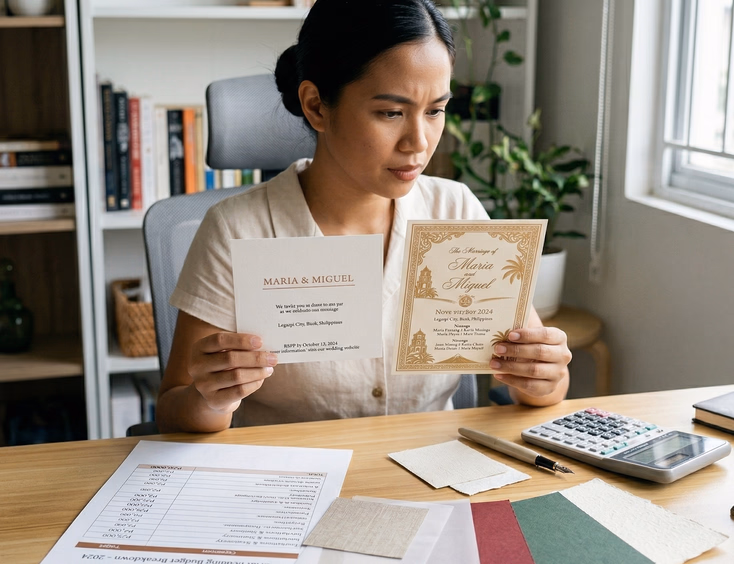 A Filipino woman in her late 20s sits at a bright home office desk holding two wedding invitation card samples side by side in comparison, with a printed budget breakdown sheet, a calculator, and paper stock swatches spread across the desk in front of her.