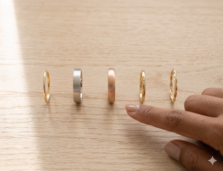 Five minimalist wedding ring styles are arranged in a clean horizontal row on a pale oak wood surface, each propped on its edge to reveal its distinct profile — from left to right: an ultra-slim plain yellow gold band, a flat matte brushed white gold band, a domed satin-finish rose gold band, a delicate band with a single flush-set diamond, and a twisted two-strand yellow gold band. Soft raking natural light from the left emphasizes each ring's surface texture as a Filipino woman's hand with morena skin enters from the right, index finger pointing toward the matte brushed band.