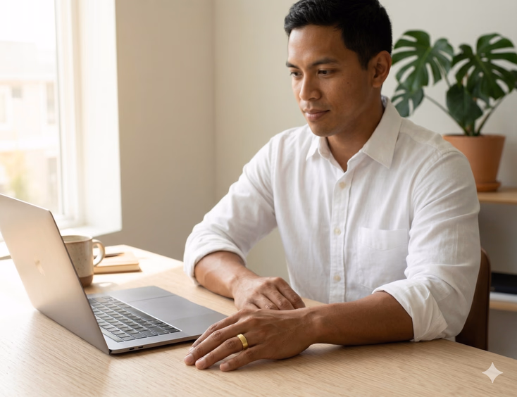 A Filipino man in his early 30s sits casually at a light wood desk in a modern home office, his left hand resting flat and relaxed on the desk surface displaying a wide 5mm flat matte brushed yellow gold wedding band on his ring finger. His white button-down sleeves are rolled to the forearm, a laptop sits open and slightly out of focus before him, and warm natural light from a window to his left falls across his hand and the ring's matte surface in an unhurried, ordinary working day moment.