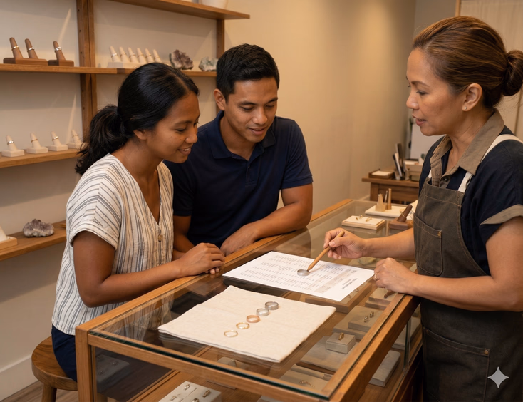 A Filipino couple in their late 20s sits side by side on stools at a glass-topped wooden counter inside a small independent jewelry workshop-boutique, leaning in together over a printed price comparison sheet as a Filipino female jeweler in her 40s stands across the counter pointing to one of four minimalist bands of varying widths and finishes arranged on a cream linen cloth, mid-explanation. Warm tungsten lighting, exposed wooden shelving with ring display stands, and the couple's expressions of genuine engagement rather than pressure define the honest, consultative atmosphere.