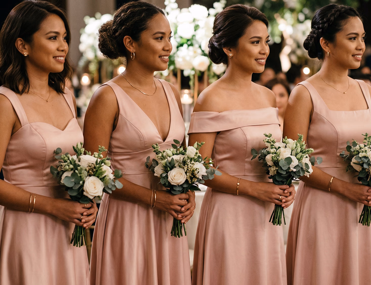Close-up of four Filipino bridesmaids side by side in blush satin gowns with different necklines including sweetheart V-neck off-shoulder and square neck