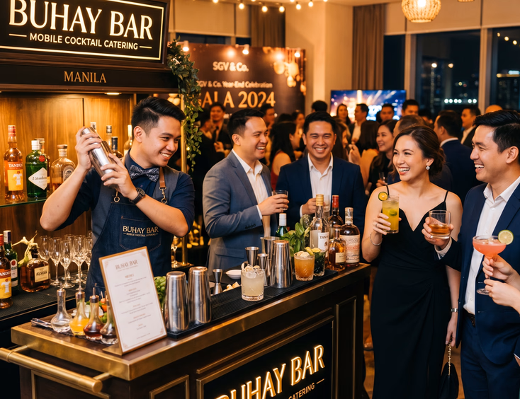 Filipino bartender shaking a drink at a stylish mobile cocktail bar with branded signage during a corporate event as guests hold cocktails.