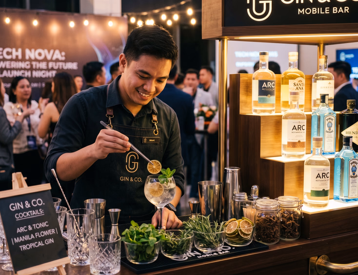 Sleek branded gin and cocktail mobile bar setup at a company launch, with a Filipino bartender arranging glassware under soft bar lighting.
