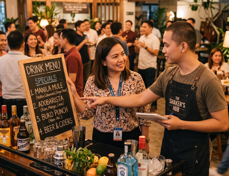 Filipino events planner and bartender discussing a drinks menu beside a compact mobile bar with a chalkboard cocktail list at a company party.