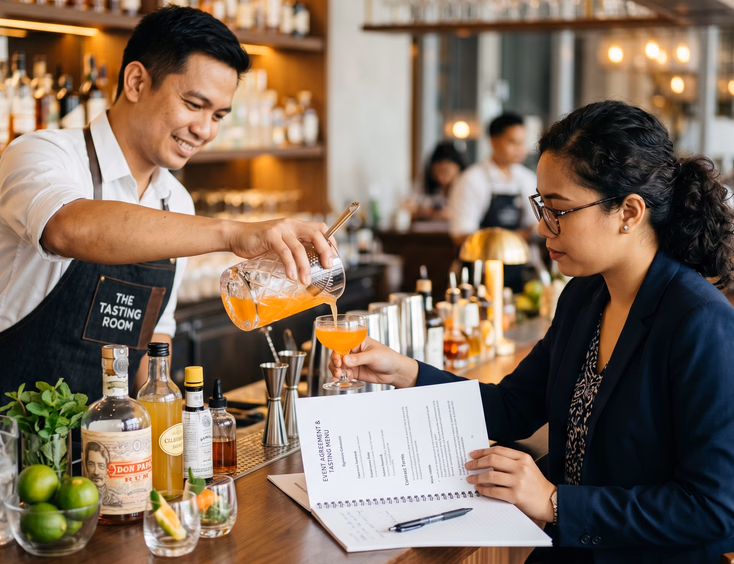 Filipino bartender pouring a sample signature cocktail for an event planner reviewing a printed menu and contract during a tasting session.
