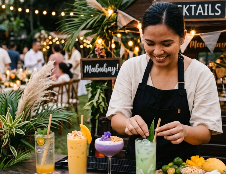 Filipino female bartender arranging four colorful mocktails including a calamansi sparkler, mango coconut cooler, ube coconut shake, and buko pandan refresher on a rustic outdoor wedding mobile bar under string lights