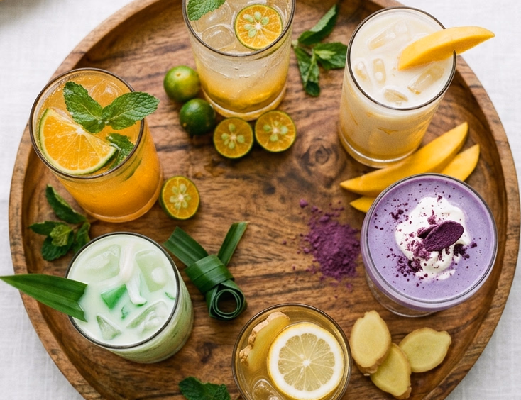 Flat lay of six Filipino wedding mocktails arranged in a circle on a wooden tray including calamansi sparkler, mango coconut cooler, ube shake, ginger salabat cooler, buko pandan refresher, and dalandan mint fizz with fresh local ingredients