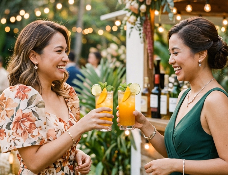 Two Filipino wedding guests at a garden reception comparing a mango rum punch cocktail and a mango coconut cream mocktail side by side in matching highball glasses under golden hour light